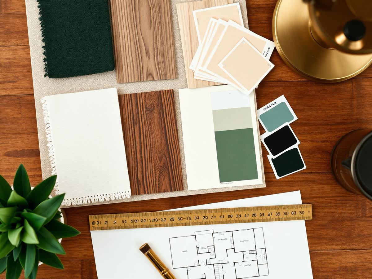 Interior design mood board with wood samples, fabric swatches, and paint colors for a Flagstaff home