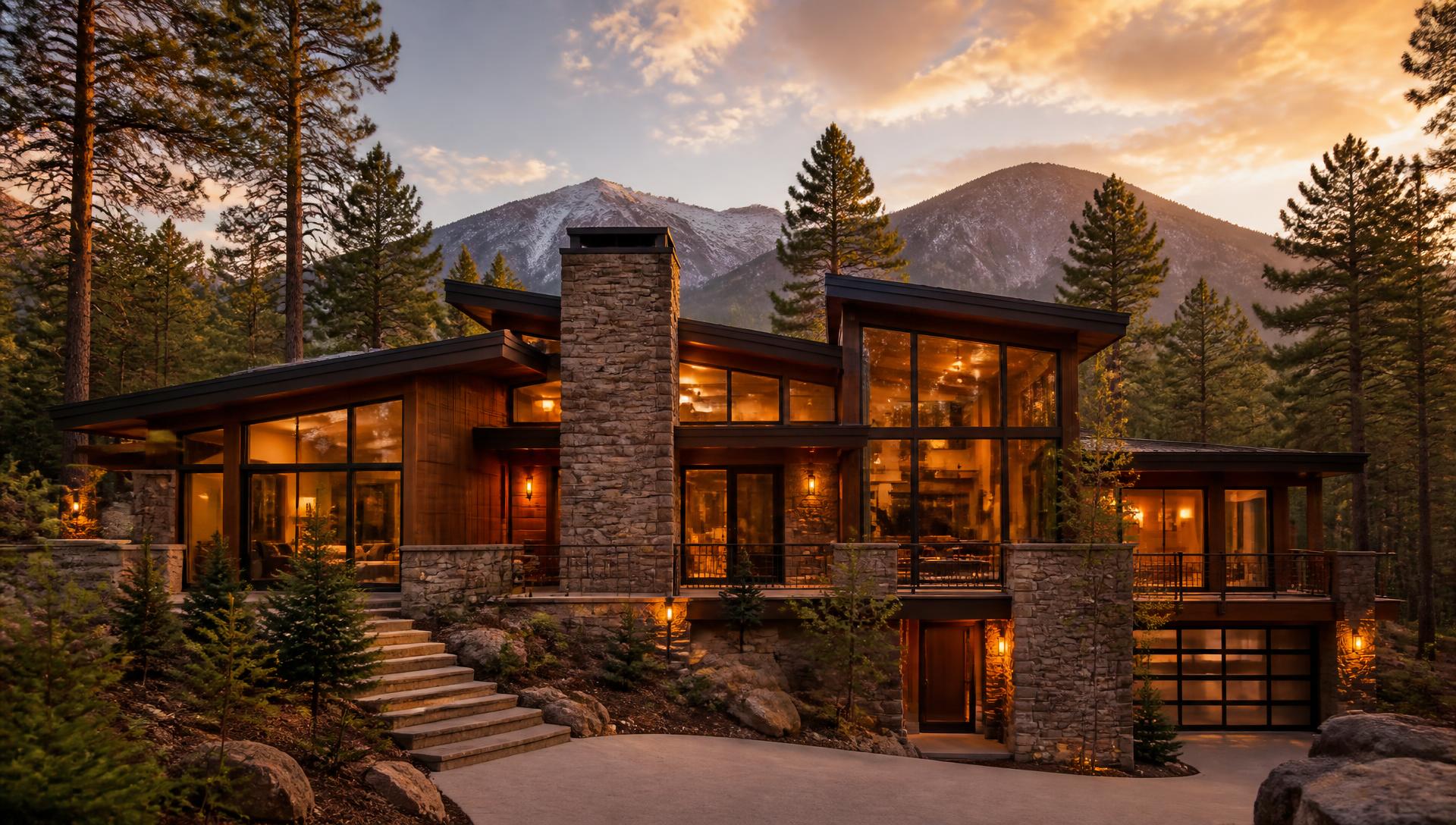 Luxury mountain home in Flagstaff, Arizona at sunset surrounded by ponderosa pines