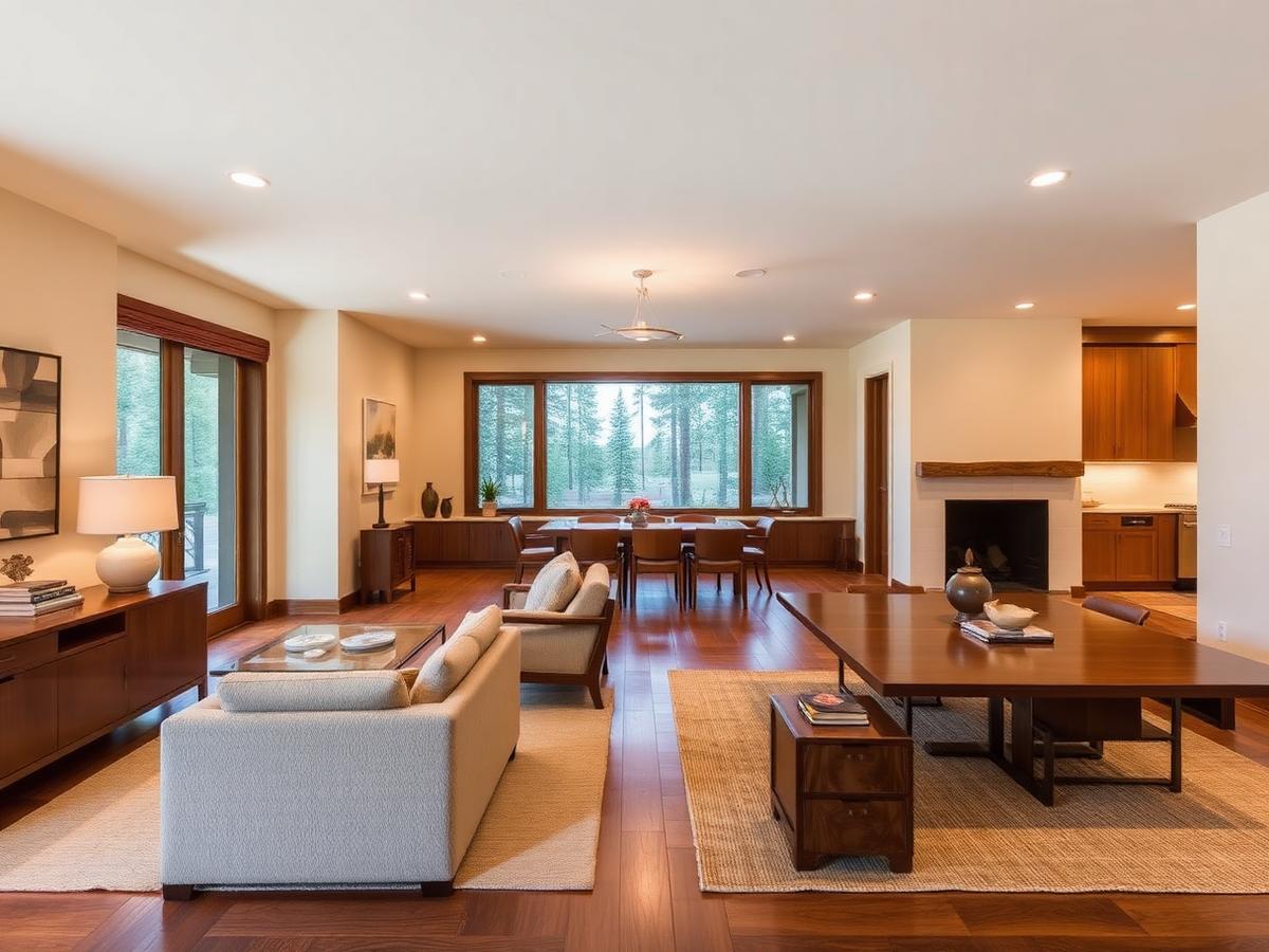 Residential interior design in Flagstaff with walnut furniture and forest views