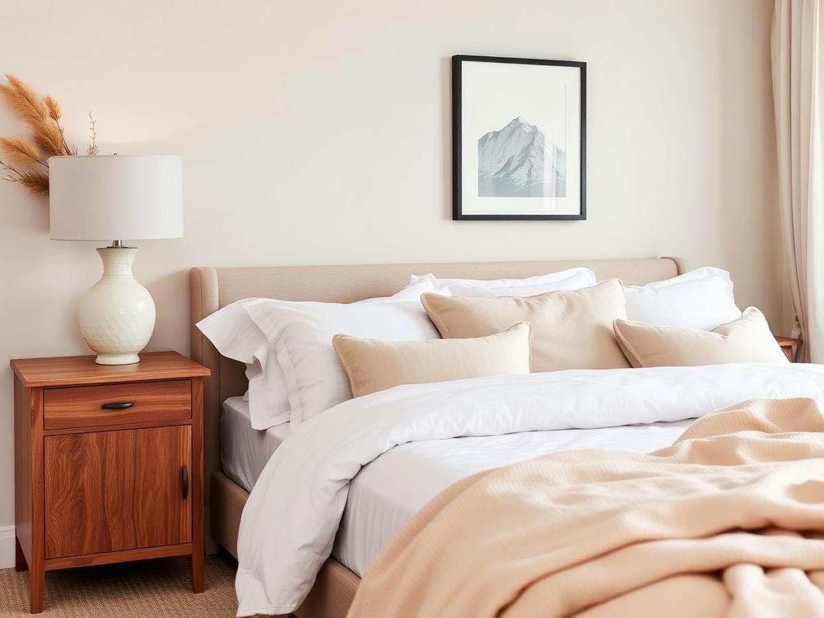 Styled bedroom vignette with layered linens and curated décor